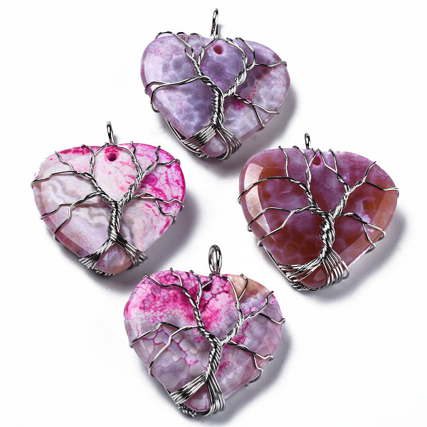 

PandaHall Natural Agate Pendants, Dyed, with Platinum Brass Findings, Rack Plating, Heart, 38~40x32.5~34x11mm, Hole: 3~5mm Natural Agate..., Pink