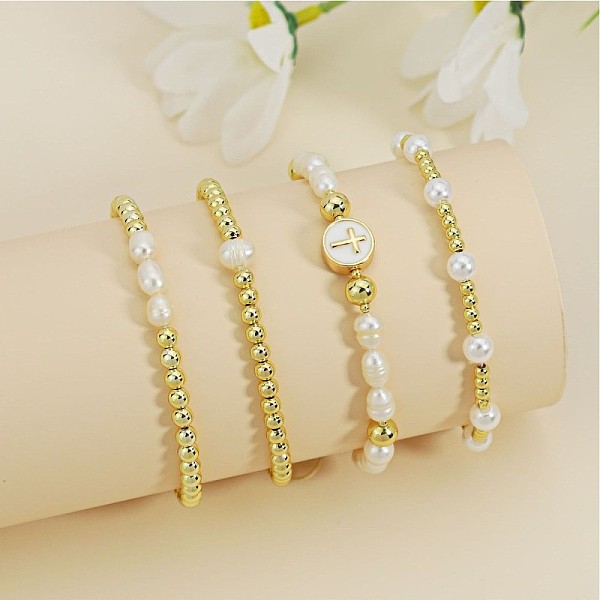 

PandaHall Natural Pearl Beaded Stretch Bracelets for Women, Gold & White Pearl