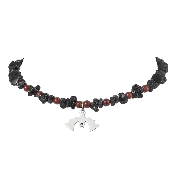 

PandaHall 201 Stainless Steel Bat Pendant Necklaces, Natural Obsidian & Carnelian Beaded Necklace for Women, 15.75 inch(40cm) Mixed Stone...