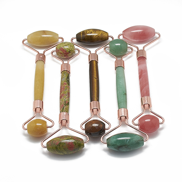 PandaHall Natural/Synthetic Mixed Gemstone Massage Tools, Facial Rollers, with Brass Findings, Rose Gold, 13.5~15.3x4~6x2~2.05cm Mixed Stone...