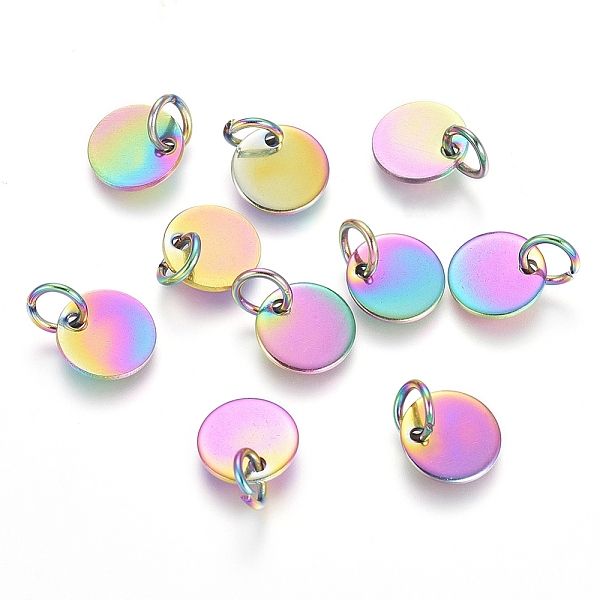 

PandaHall Ion Plating(IP) 304 Stainless Steel Charms, Stamping Blank Tag, with Jump Rings, Flat Round, Rainbow Color, 8x0.7mm, Hole: 3.5mm...