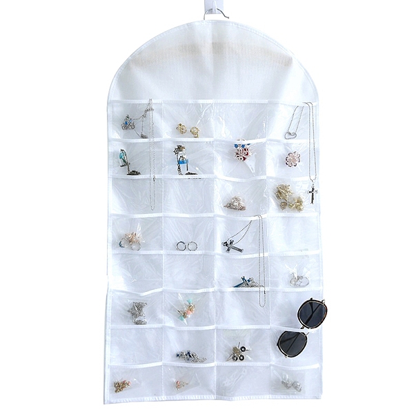 PandaHall Non-Woven Fabrics Jewelry Hanging Bag, Wall Shelf Wardrobe Storage Bags, Transparent PVC 32 Grids, White, 82.5x46.5x0.4cm Plastic...