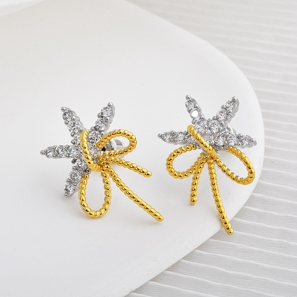 Boucles d'oreilles en laiton bowknot micro pavé de zircons cubiques pour femmes