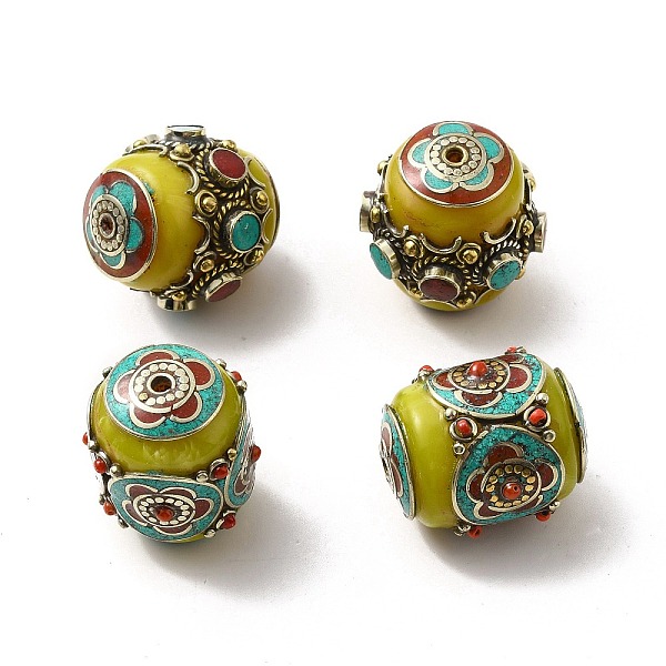 

PandaHall Brass Beeswax Beads, with Synthetic Turquoise, Column, Antique Golden, 29~29.5x25~29x25~29mm, Hole: 1.8mm Brass Column