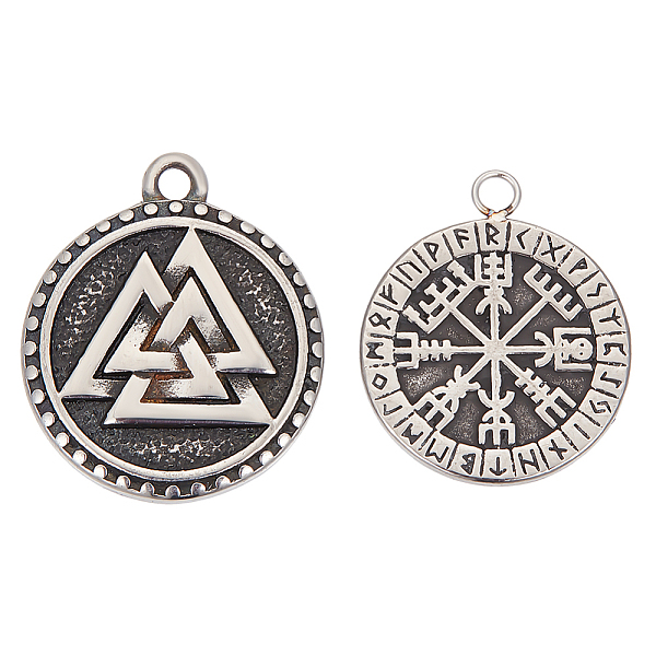 

PandaHall Unicraftale 4Pcs 2 Style 304 Stainless Steel Pendant, Flat Round with Viking Valknut, Antique Silver, 22~25x18.5~21x1.4~3mm, Hole...