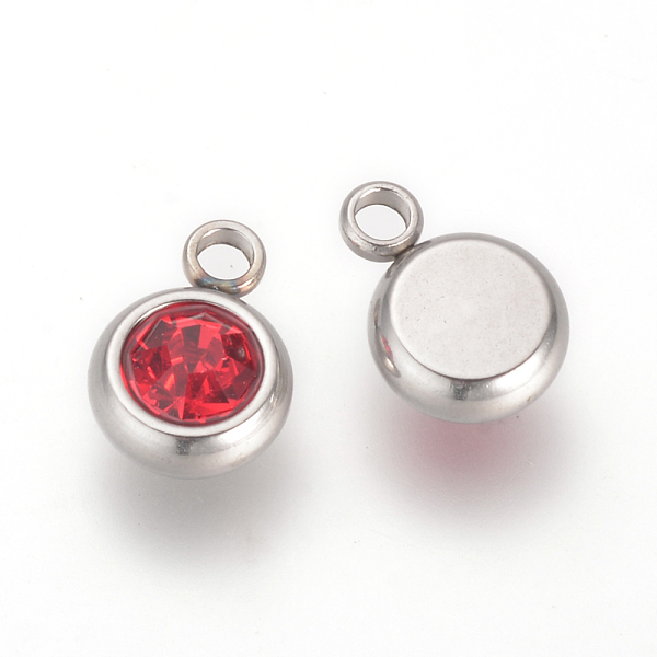 

PandaHall 201 Stainless Steel Rhinestone Charms, Flat Round, Light Siam, 8.5x6x3mm, Hole: 1.5mm Stainless Steel+Rhinestone Flat Round Red