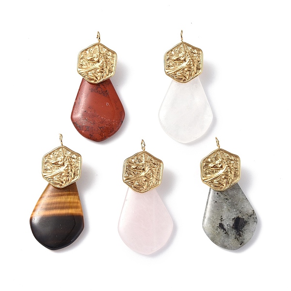 PandaHall Natural Mixed Gemstone Pendants, Teardrop Charms, with Ion Plating(IP) Golden Tone 304 Stainless Steel Unicorn Findings...