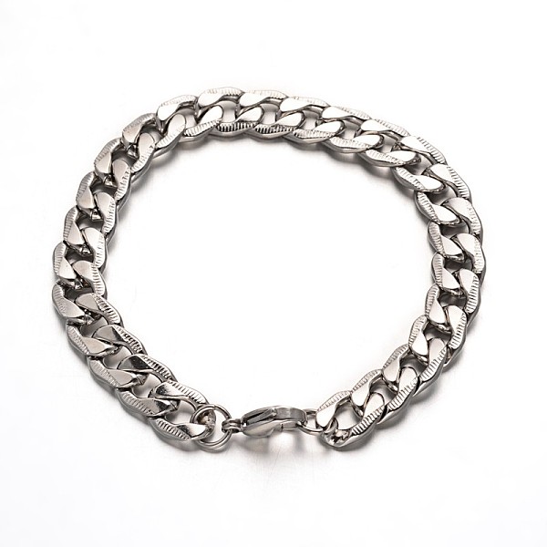 

PandaHall Trendy 304 Stainless Steel Curb Chain Bracelets, with Lobster Clasps, Stainless Steel Color, 8-1/2 inch(215mm) 304 Stainless Steel