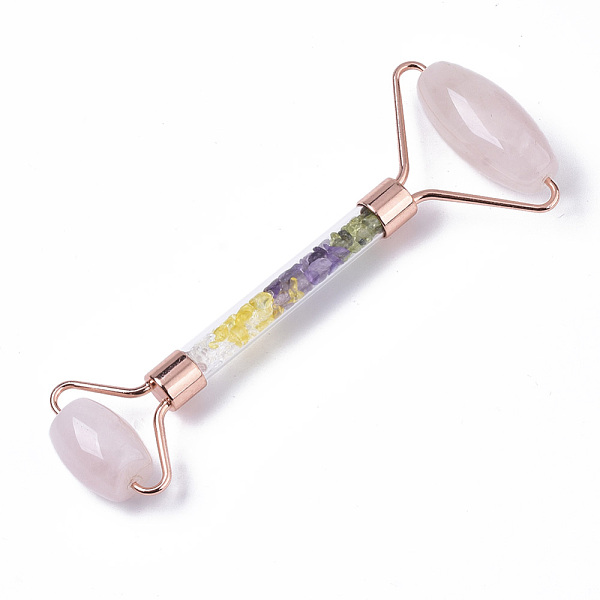 

PandaHall Natural Rose Quartz Massage Tools, Facial Rollers, with K9 Glass & Gemstone Chips & Zinc Alloy Findings, Rose Gold, 144x56x19.5mm...