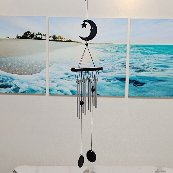 

PandaHall Iron Pendant Decorations, with Aluminum Tube and Wood Finding, Wind ChimeChime, Moon, 570mm Iron Moon Black