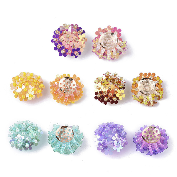 

PandaHall PVC Paillette Cabochons, Cluster Beads, with Glass Seed Beads and Golden Plated Brass Perforated Disc Settings, Flower, Mixed..., Multicolor