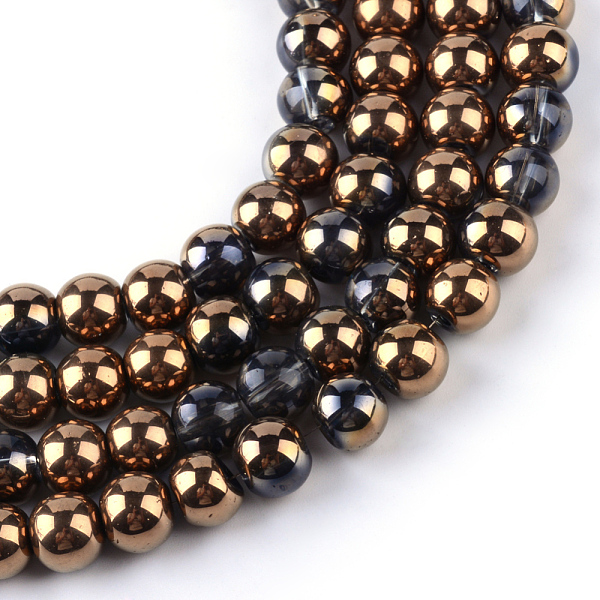 

PandaHall Half Plated Glass Beads Strands, Round, Copper Plated, 7.5x8.5mm, Hole: 1mm, about 104pcs/strand, 30.3 inch Glass Round