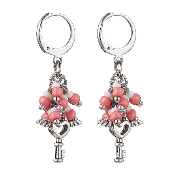 

PandaHall Tibetan Style Alloy Dangle Leverback Earrings, Glass Seed Cluster Earrings, Heart, 39mm Alloy Heart Pink