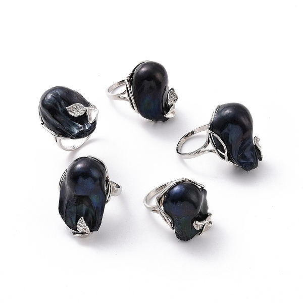 

PandaHall Natural Pearl Nugget with Cubic Zirconia Leaf Open Cuff Ring, Platinum Plated Brass Jewelry for Women, Cadmium Free & Lead Free..., Black