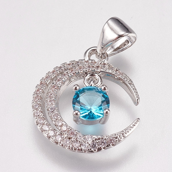 

PandaHall Brass Micro Pave Cubic Zirconia Pendants, Moon, Deep Sky Blue, Platinum, 16.5x14.5x3mm, Hole: 3x4mm Brass+Cubic Zirconia Moon Blue