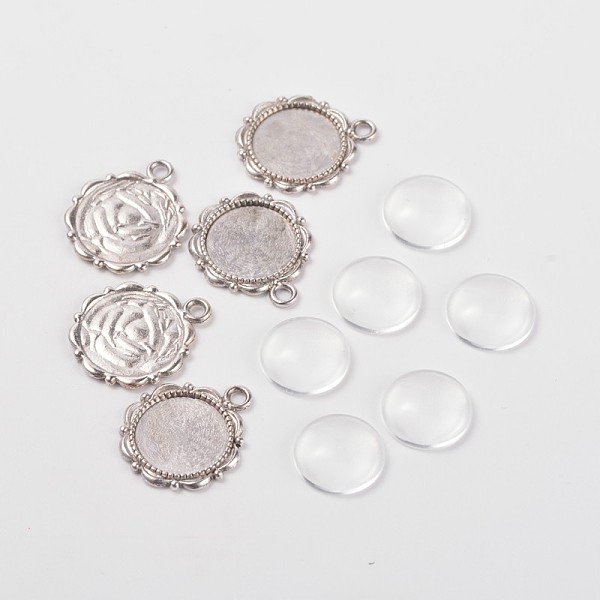 

PandaHall Flower Alloy Pendant Cabochon Settings and Half Round/Dome Clear Glass Cabochons, Lead Free & Nickel Free, Antique Silver...