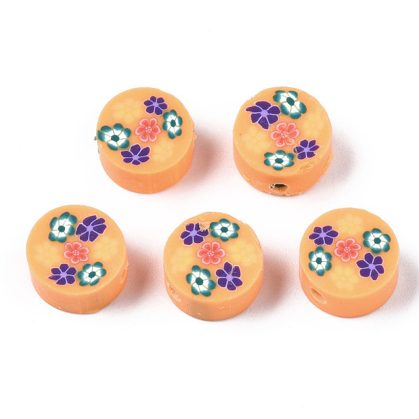 PandaHall Handmade Polymer Clay Beads, for DIY Jewelry Crafts Supplies, Flat Round with Flower, Sandy Brown, 9.5~10x4.5mm, Hole: 1.8mm...
