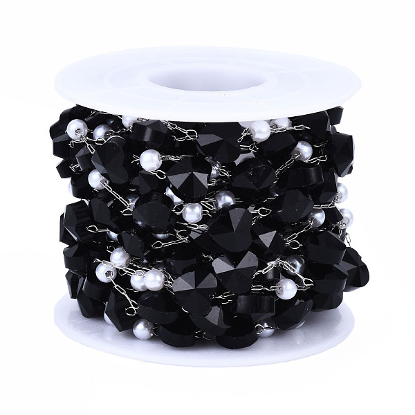 

PandaHall Glass Heart & ABS Plastic Pearl Beaded Chains, with Stainless Steel Color Plated 316 Stainless Steel Paperclip Chains, Soldered..., Black