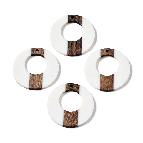 pandahall opaque resin & walnut wood pendants, two tone, donut, white, 35x3mm, hole: 2mm resin+wood donut white