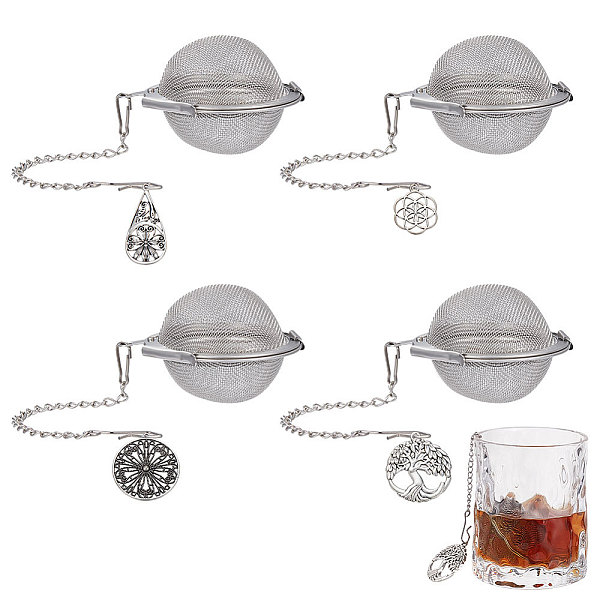 

PandaHall Unicraftale Round Stainless Steel Mesh Tea Infuser, with Tibetan Style Alloy Pendants, Tree/Flower of Life & Teardrop, Antique...