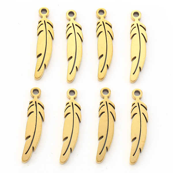 

PandaHall Vacuum Plating 201 Stainless Steel Pendants, Laser Cut, Feather, Golden, 17x4.5x1mm, Hole: 1mm 201 Stainless Steel Feather