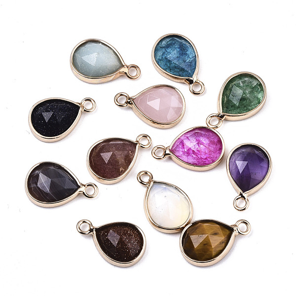 

PandaHall Natural & Synthetic Mixed Gemstone/Glass Charms, with Light Gold Plated Brass Edge and Loop, Teardrop, Faceted, Mixed Color..., Multicolor