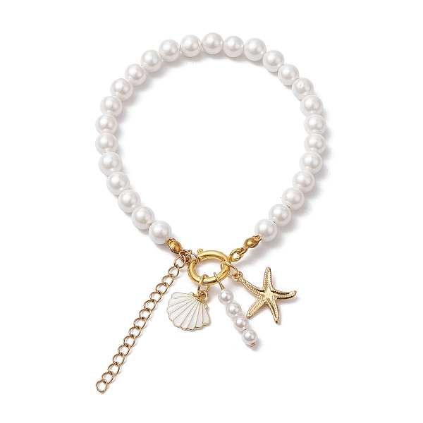 

PandaHall Summer Beach Shell & Starfish Charm Bracelets, 6mm Round Shell Pearl Beaded Bracelets for Women, Golden, White, 9-7/8 inch(25cm)...