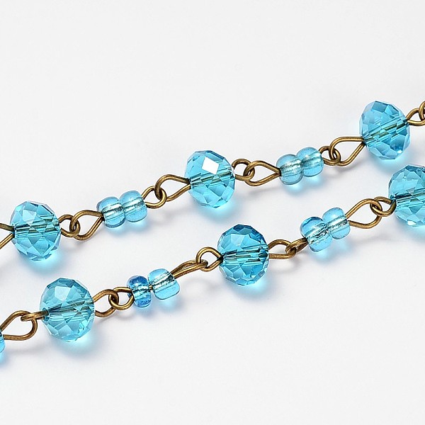 

PandaHall Glass Rondelle Beads Chains for Necklaces Bracelets Making, with Glass Seed Beads and Antique Bronze Iron Eye Pin, Unwelded, Deep..., Blue