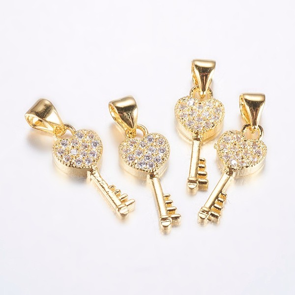 

PandaHall Long-Lasting Plated Brass Micro Pave Cubic Zirconia Pendants, Heart Key, Real 18K Gold Plated, 18x7x2.5mm, Hole: 3.5mm Brass+Cubic..., Clear