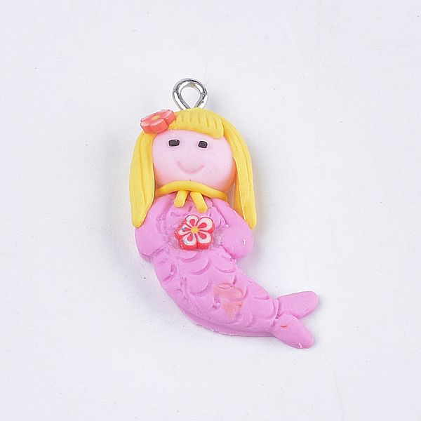PandaHall Handmade Polymer Clay Pendants, with Iron Findings, Mermaid, Platinum, Pearl Pink, 33~36x21~23x5~6mm, Hole: 1.5mm Polymer Clay...
