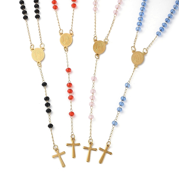 

PandaHall Glass Rosary Bead Necklaces, Vacuum Plating Golden 304 Stainless Steel Cross Pendant Necklace, Mixed Color, 18.11~18.94 inch..., Multicolor