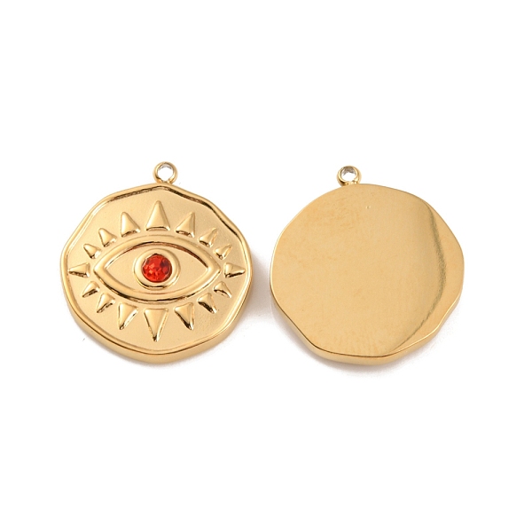 

PandaHall Ion Plating(IP) 304 Stainless Steel Pendants, with Rhinestone, Flat Round with Eye Charm, Real 18K Gold Plated, 16x15x2.5mm, Hole..., Red