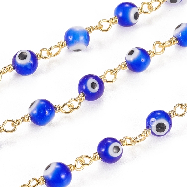 

PandaHall 3.28 Feet Handmade Evil Eye Lampwork Round Beaded Chains, with Brass Findings, Unwelded, Long-Lasting Plated, Golden, Medium Blue...