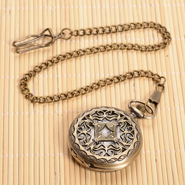 

PandaHall Filigree Flat Round Alloy Pendant Pocket Quartz Watch Necklaces, with Iron Chains, Antique Bronze, 355mm, Watch: 59x47x14mm, Watch...