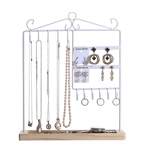 PandaHall Iron Jewelry Organizer Display Rack, with Wooden Tray, for Necklaces Earrings Rings Display, White, 27.6x9.5x34.5cm Iron White