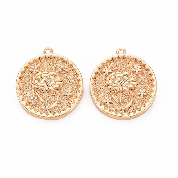 

PandaHall Brass Micro Pave Clear Cubic Zirconia Pendants, Nickel Free, Flat Round with Rose, Real 18K Gold Plated, 19.5x17.5x2.5mm, Hole...