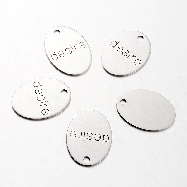 

PandaHall Spray Painted Stainless Steel Pendants, Oval with Word Desire, Stainless Steel Color, 30x22x1mm, Hole: 3mm Stainless Steel Oval