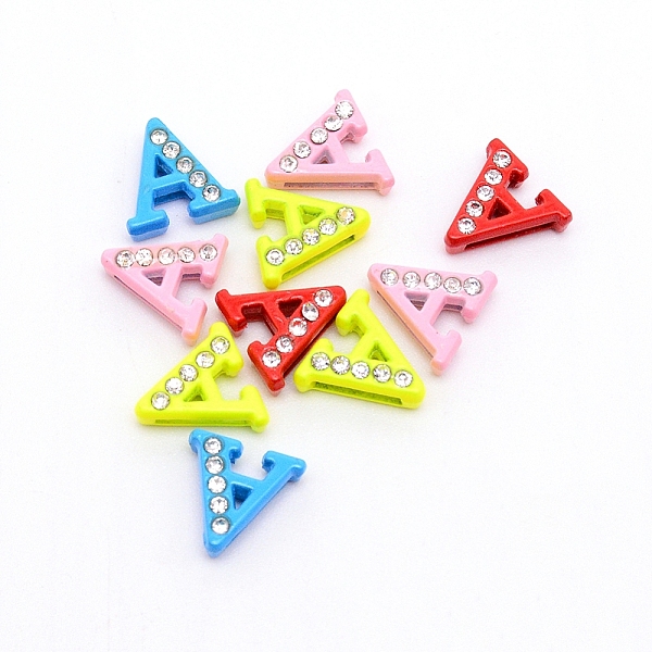 

PandaHall Rhinestone Slide Letter Charms, Alloy Intial Letter Beads, Spray Painted, Letter.A, A: 11.5x11.5x4.5mm, Hole: 1.5x8mm..., Multicolor