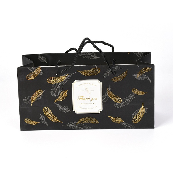 

PandaHall Rectangle Paper Gift Bags, Shopping Bags, with Handles, Feather Pattern, Black, 24.8x27x0.6cm Paper Feather Black