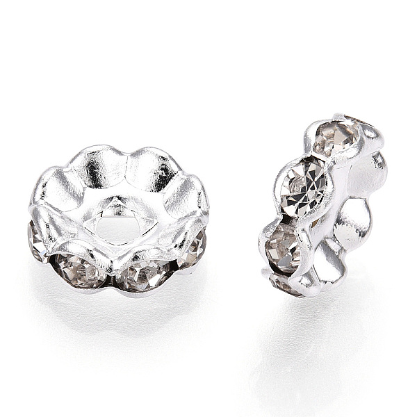 

PandaHall Brass Rhinestone Spacer Beads, Grade A, Waves Edge, Rondelle, Silver Color Plated, Clear, Size: about 10mm in diameter, 4mm thick...