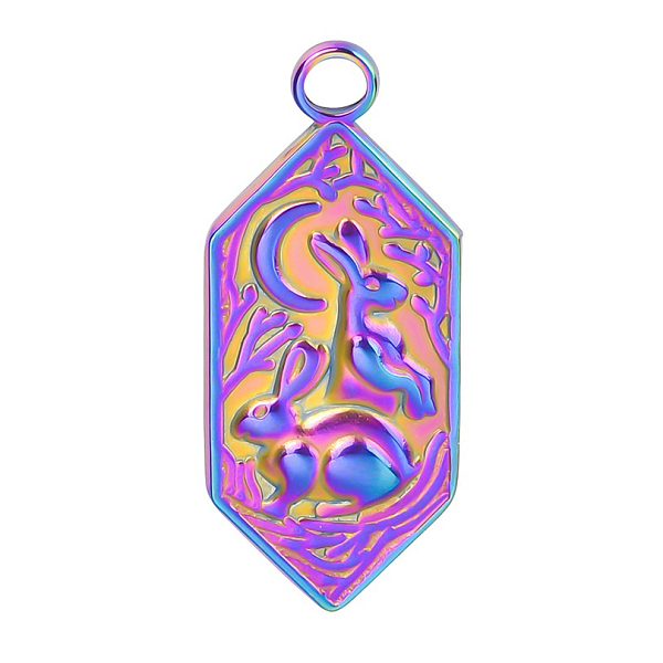 

PandaHall 201 Stainless Steel Pendants, Hexagon with Moon & Rabbit Charms, Rainbow Color, 28x12x2.5mm, Hole: 3mm 201 Stainless Steel Hexagon