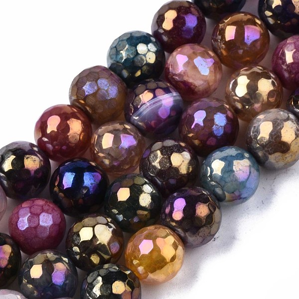 PandaHall Natural Agate Beads Strands, Pearl Luster Plated, Faceted, Round, Mixed Color, 9~10mm, Hole: 1mm, about 37pcs/strand, 14.17...