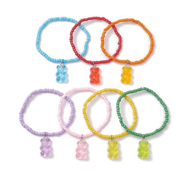 

PandaHall 7Pcs 7 Colors Glass Seed Beaded Stretch Bracelets, Transparent Resin Bear Charm Kid Bracelets for Girls, Mixed Color, Inner..., Multicolor