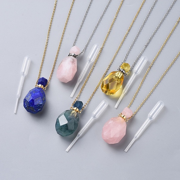 PandaHall Natural Gemstone Perfume Bottle Pendant Necklaces, with Stainless Steel Cable Chain and Plastic Dropper, Bottle, Mixed Color, 20.3...