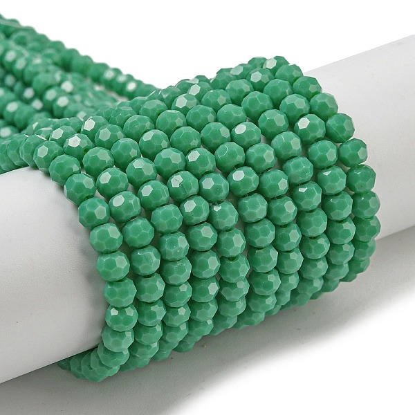 

PandaHall Opaque Glass Beads Stands, Faceted(32 Facets), Round, Green, 4mm, Hole: 0.7mm, about 87~93pcs/strand, 32~33cm Glass Round Green