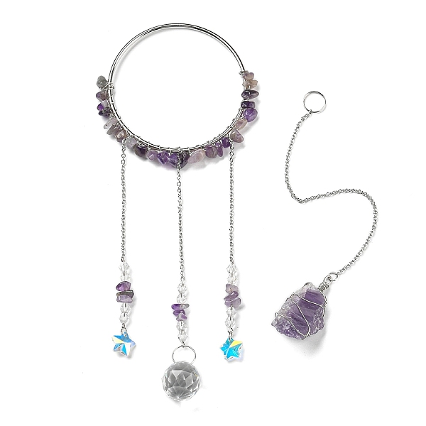 

PandaHall Rough Raw Natural Amethyst Pendant Hanging Ornaments, Teardrop & Star Glass Suncatcher with Iron Chain, for Window Home Garden...