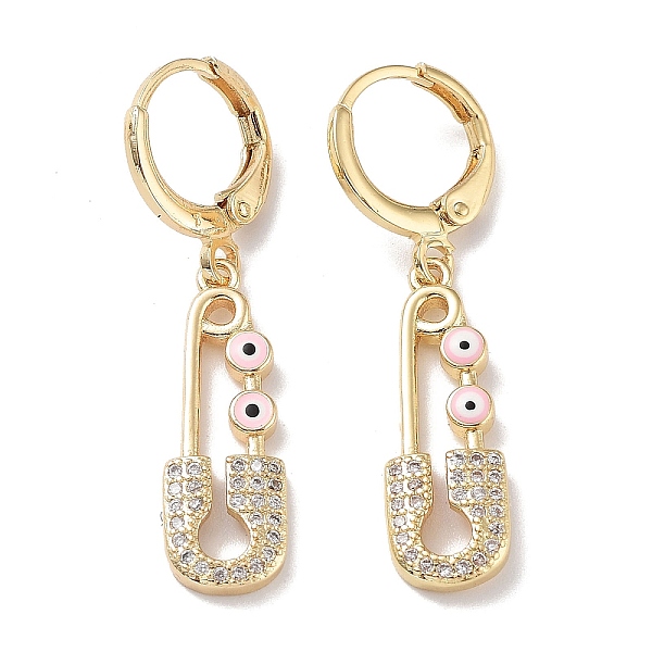 

PandaHall Real 18K Gold Plated Brass Dangle Leverback Earrings, with Enamel and Cubic Zirconia, Safety Pin with Evil Eye, Pink, 36.5x8mm...