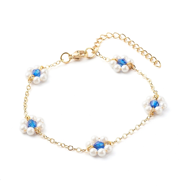 

PandaHall Shell Pearl & Acrylic Beads Flower Link Bracelets, with Brass Cable Chains, Golden, Blue, 2mm, 7-1/4 inch(18.4cm) Pearl Blue