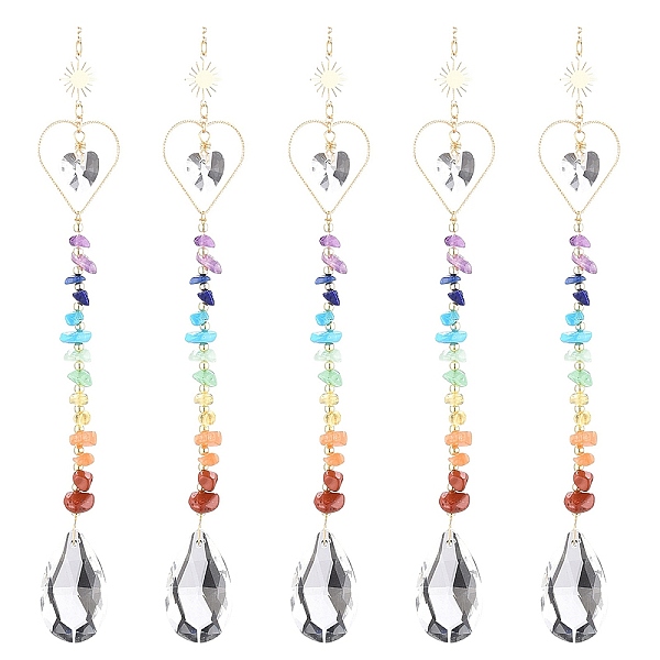 

PandaHall Glass Teardrop Chandelier Pendant Decorations, Hanging Suncatchers, Chakra Gemstone Chips and Brass Heart Link for Home Office...