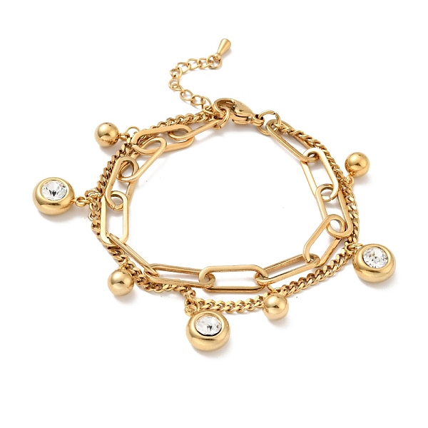 

PandaHall Crystal Rhinestone and Round Ball Charm Multi-strand Bracelet, Vacuum Plating 304 Stainless Steel Double Layered Chains Bracelet..., Clear